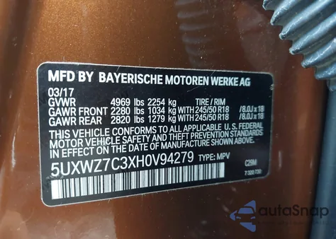 2017 BMW X3 Sdrive28I из США, поврежденный, VIN 5UXWZ7C3XH0V94279